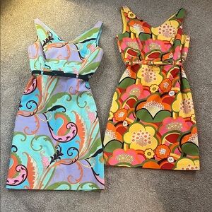 2 Stunning David Meister 60s Psychedelic vneck sheaths Vibrant madeUSA EUC sz 6
